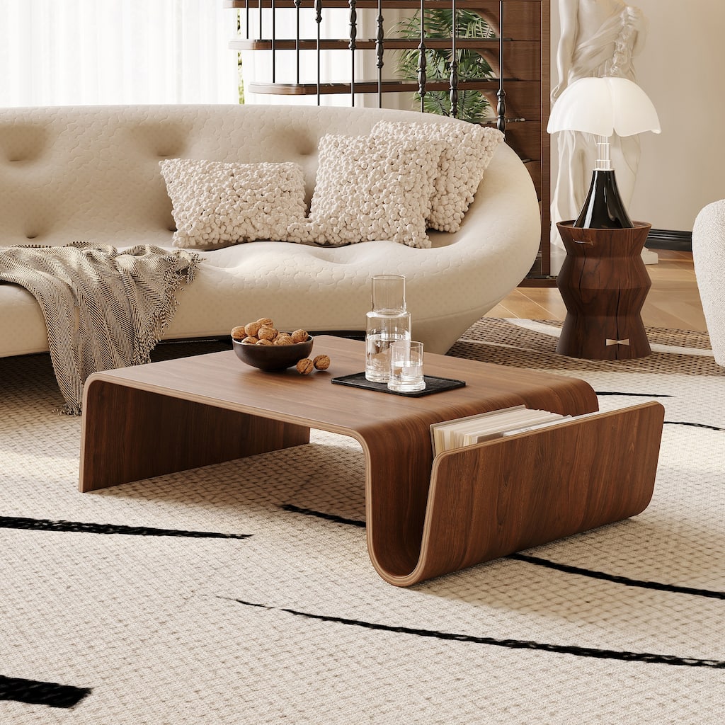 41" Modern Minimalist Brown Coffee Table, Solid Wood Veneer, Retangular Coffee Table for Livingroom