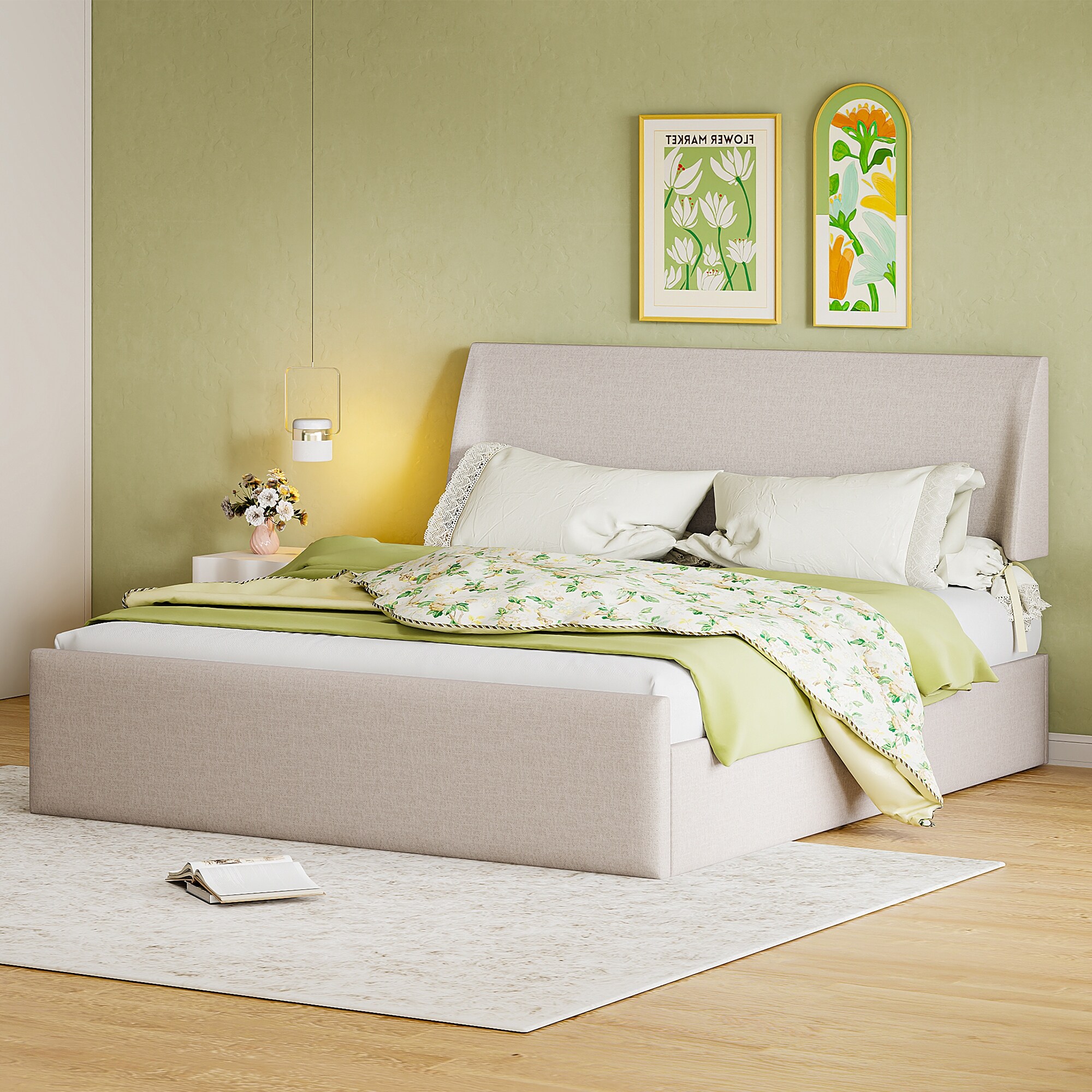 Linen Upholstered Sleigh Bed Slat Support Platform Bed Frame with Side Tilt Hydraulic Storage System Wingback Headboard Bed Bath Beyond