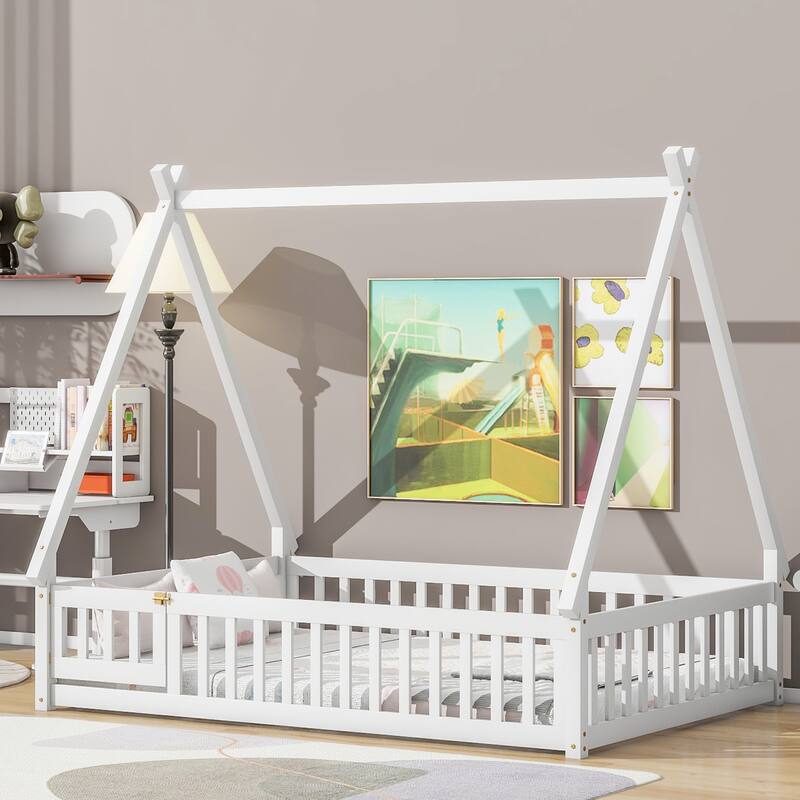 Full Size Pine Wood Tent-shaped Floor Bed, with Guardrails, Slats and Door for Kids, Boys and Girls