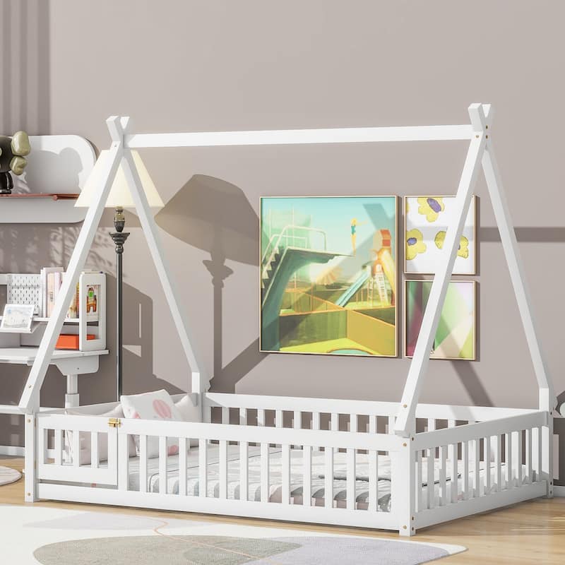 Tent-shaped Floor Bed, with Guardrails, Slats, Door