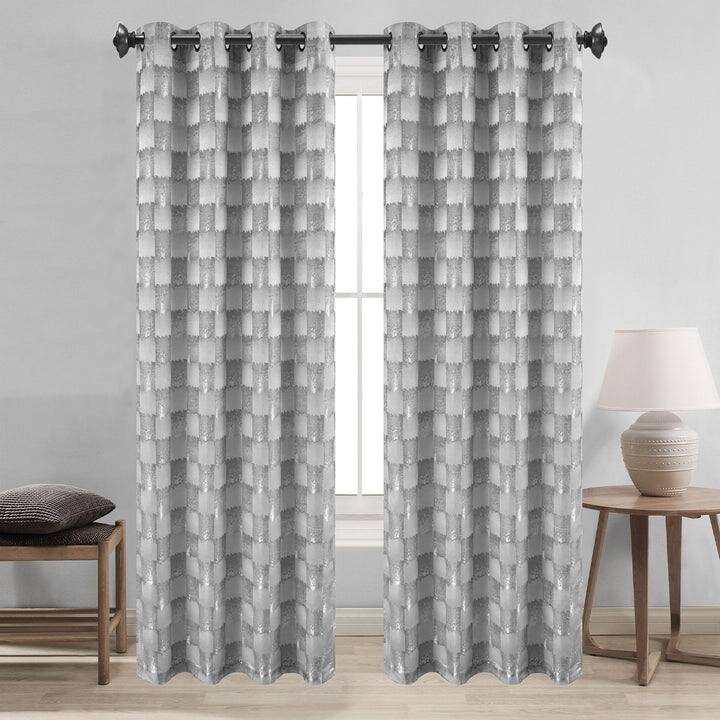 Noelle Checkered Geometric Jacquard Grommet Window Curtain Panel, 54x90 Inches - 54 x 90 Inches - Silver