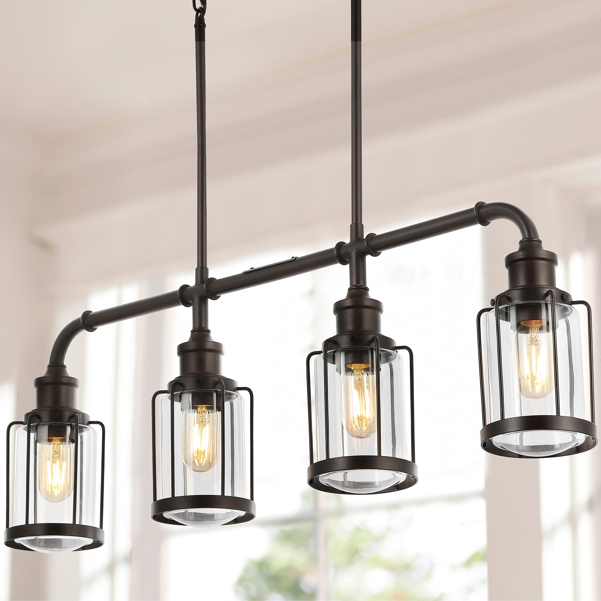 JONATHAN Y Arlo 34" 4-Light Farmhouse Industrial Iron/Glass Linear LED Pendant, Oil Rubbed Bronze/Clear