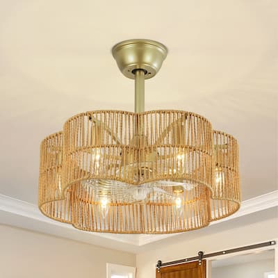 6-Light 19.6" Farmhouse Boho Gold and Brown 7-Blade Geometric Drum Ceiling Fan Lighting with Remote Included