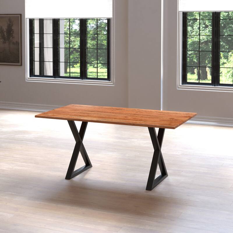 67 Inch Rectangular Dining Table with Crossed Black Metal Legs and Natural Brown Faux Live Edge Acacia Wood Top - Brown