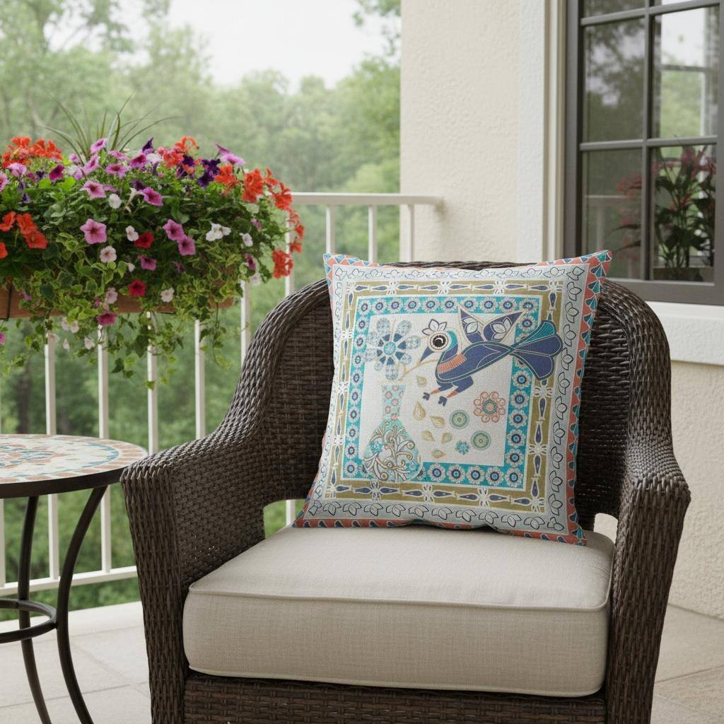 HomeRoots 16" x 16" Light Green Peacock Blown Seam Floral Indoor Outdoor Throw Pillow - 16.00' X '5.00' X '16.00