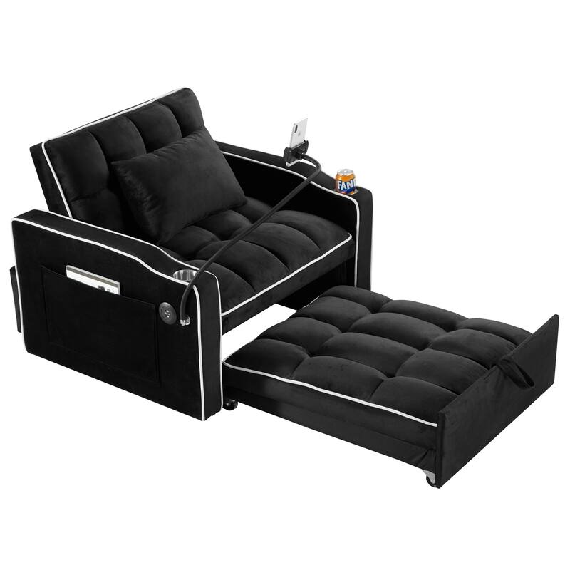 Sleeper Chair Sofa Bed with USB & Type-C Charging, Pull-Out Chaise Lounge, and Cup Holders