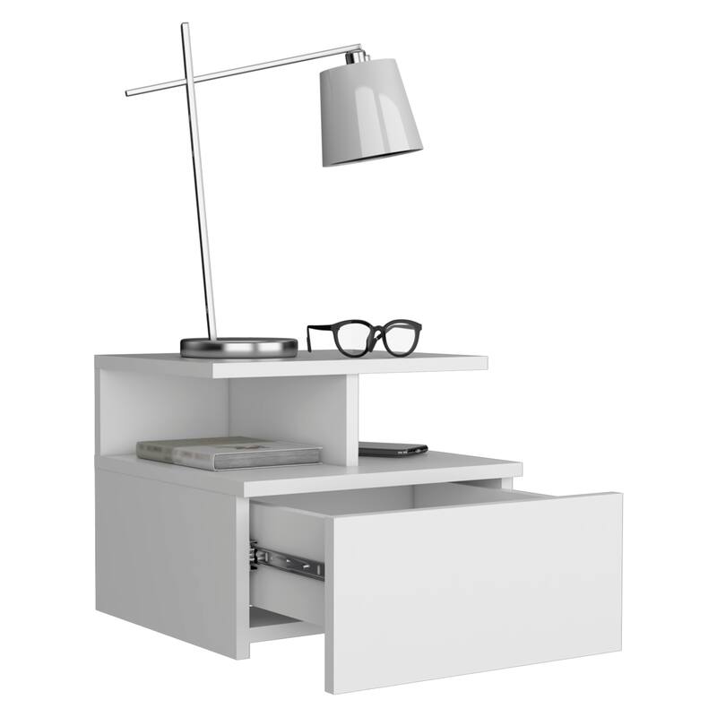 White Floating Nightstand, Wall-Mounted End Table with Storage Drawer & Open Shelf