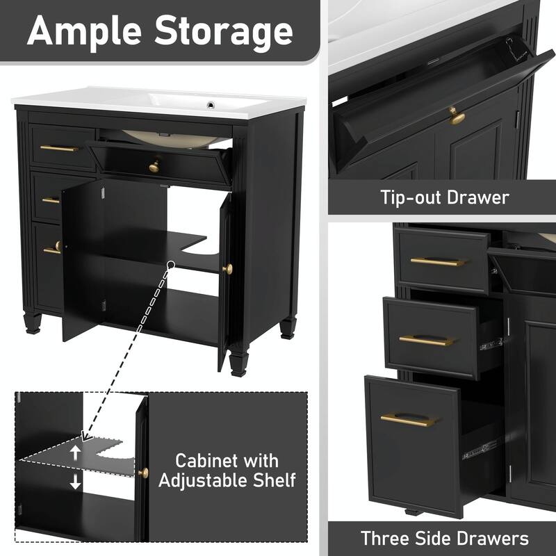 36" Bathroom Vanity with Sink, Ceramic Sink, One Tip-out Drawer, 3 Side Drawers