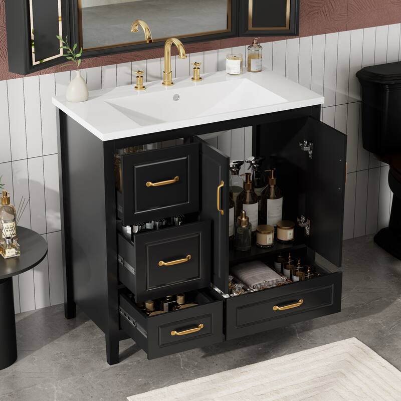 36 Inch Bathroom Vanity With Sink, One Cabinet With Soft-Closing Doors, 4 Soft-Closing Drawers, Metal Handles - Black