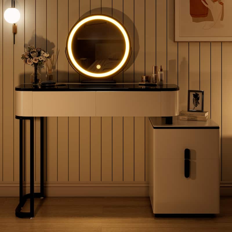 Modern Vanity Table with Tempered Glass Top, Adjustable Height Legs, Multi-functional Storage Cabinet and Round Mirror