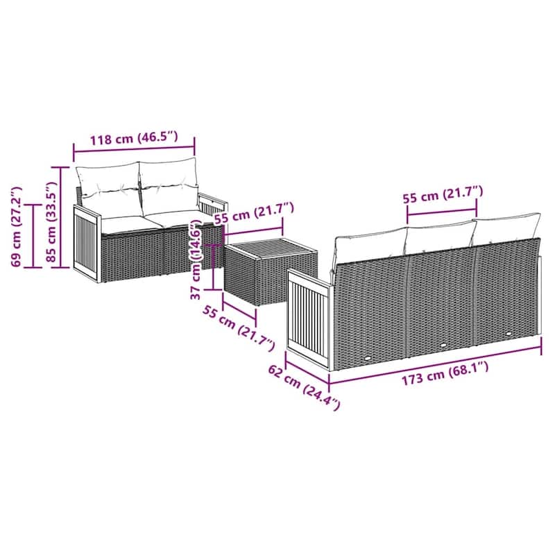vidaXL Patio Sofa Set with Cushions Outdoor Furniture 6 Piece Poly Rattan - 21.7 x 21.7 x 14.6