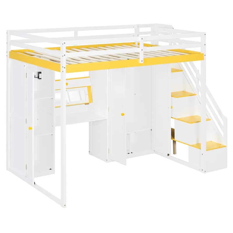 Full Size Loft Bed with Storage Staircase, Built-in Dressing Table, Mirror & Wardrobe - USB Charging & Lights