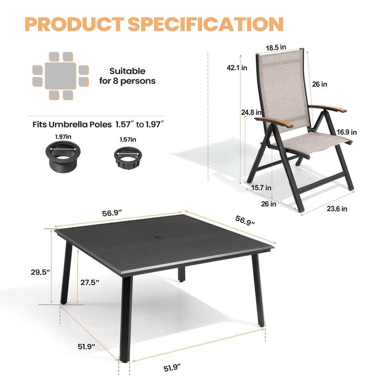 9/11/13-Piece Luxury Outdoor Dining Set All-Weather Aluminum Patio Furniture Foldable Chairs