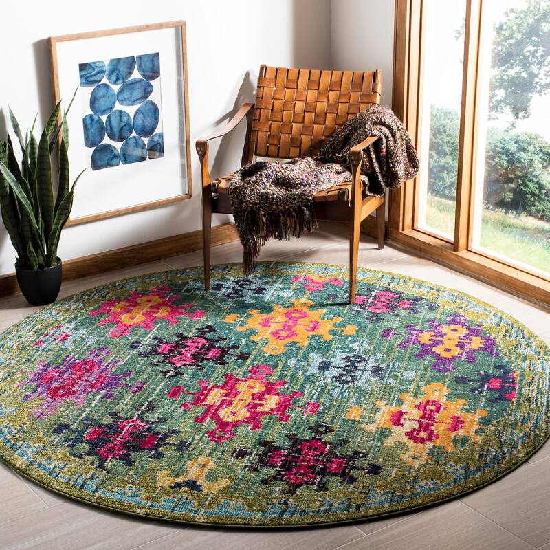 SAFAVIEH Monaco Joanne Distressed Boho Rug - 6'7" Round - Green/Multi