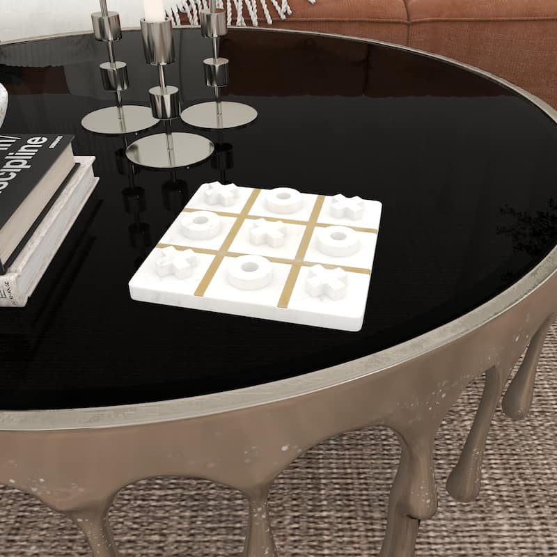 White or Black Marble Tic Tac Toe Game Set with Gold Inlay and Wood Pieces