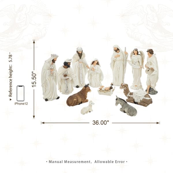 dimension image slide 15 of 30, Glitzhome 12pcs Resin Christmas Multi/ Blue/ Ivory Nativity Figurines Set