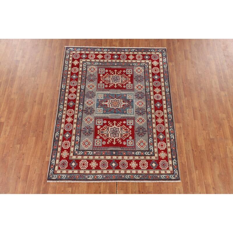 Kazak Oriental Area Rug Hand-Knotted Traditional Grey Wool Carpet - 5'0" x 6'7"