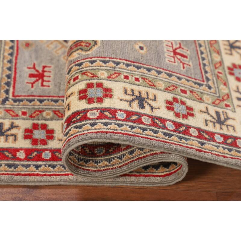 Gray Geometric Kazak Accent Rug Hand-Knotted Wool Carpet - 2'8" x 4'1"