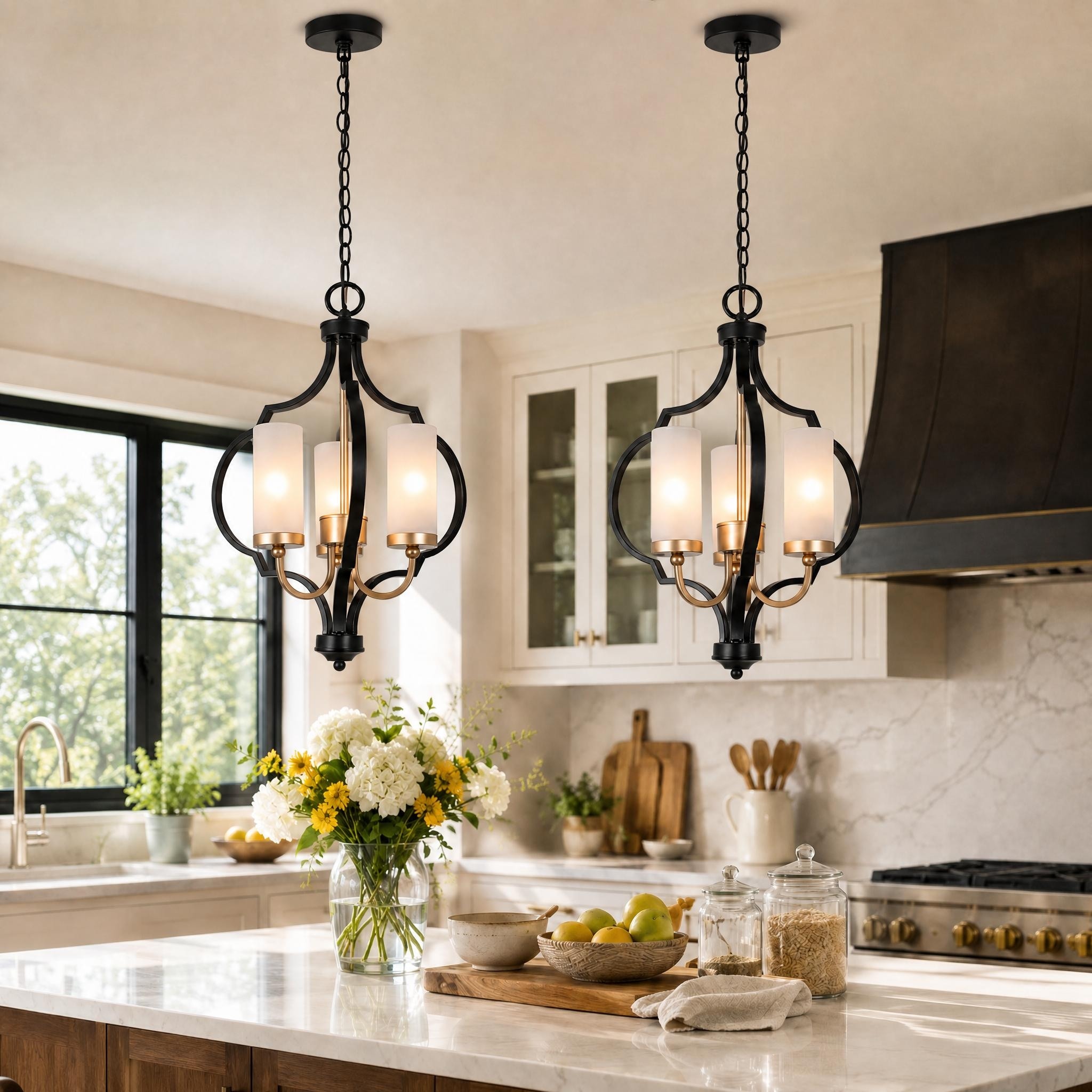 LALUZ Modern 3-Light Black Gold Chandelier Frosted Glass Kitchen Island Light