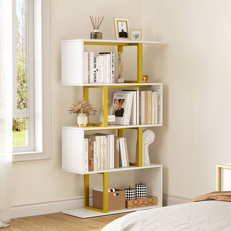 Hermoth Wood 5 Tiers Bookshelf S-Shaped Z-Shelf Style Bookcase Storage Display - White/Gold