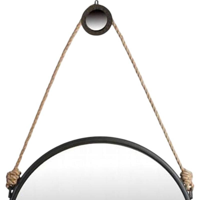 HomeRoots 30" Black Fame Round Wall Hanging Accent Mirror with Rope - 29.5