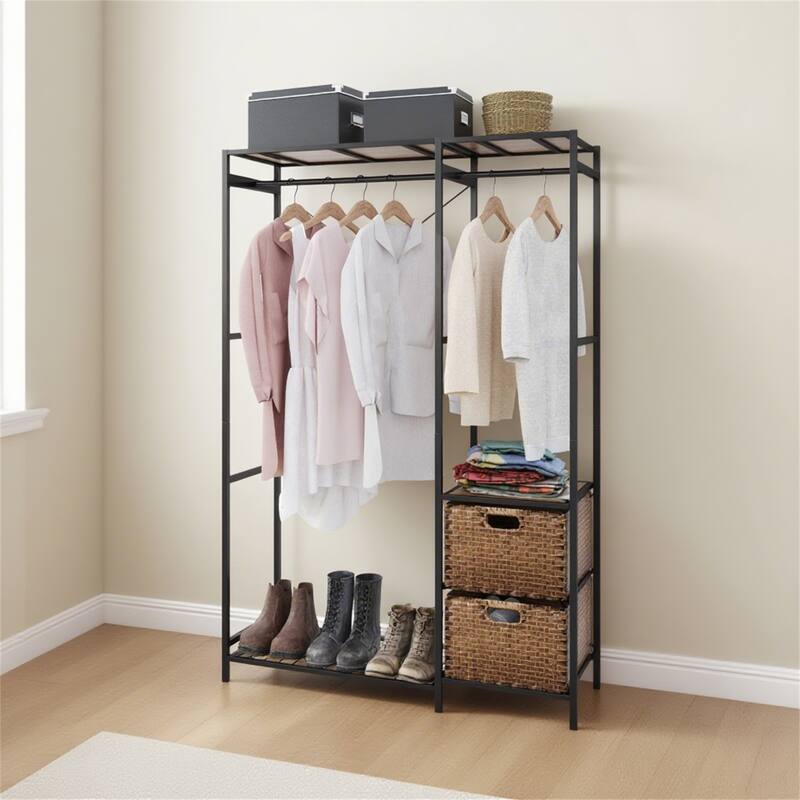 Acacia Wood Garment Rack with Shelves
