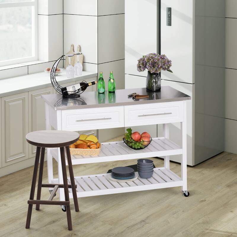 HOMCOM Stainless Steel Top Kitchen Island Rolling Utility Cart with Drawers & Shelves - White