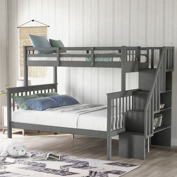 slide 2 of 36, Roomfitters Stairway Twin Over Full Bunk Bed with Storage, Sturdy Wooden Frame, Built-in Steps, Safety Guardrails Grey