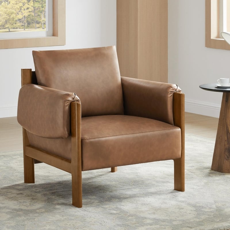 Carol Mid Century Modern Upholstered Accent Arm Chair with Wood Legs - Single - Saddle Brown&Walnut