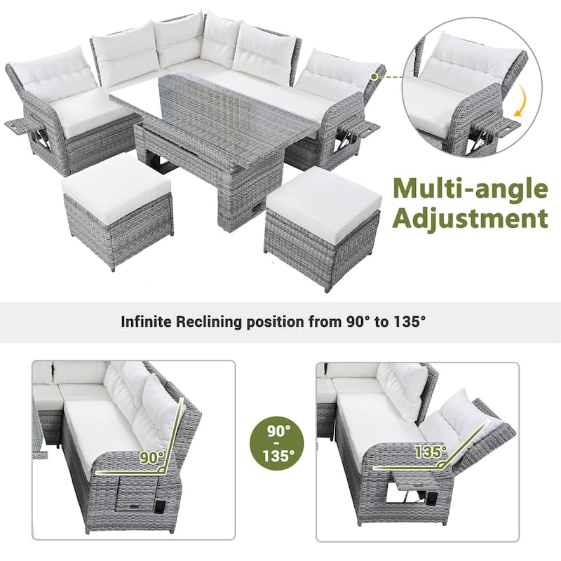 Patio Rattan Furniture Set with an Adjustable Table, Recliners with Extendable Side Tables, and Two Ottomans.