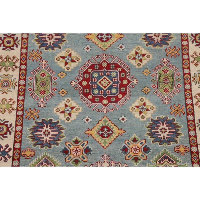 Traditional Light Blue Geometric Kazak Rug Hand-Knotted Wool Carpet - 4'11" x 6'9"