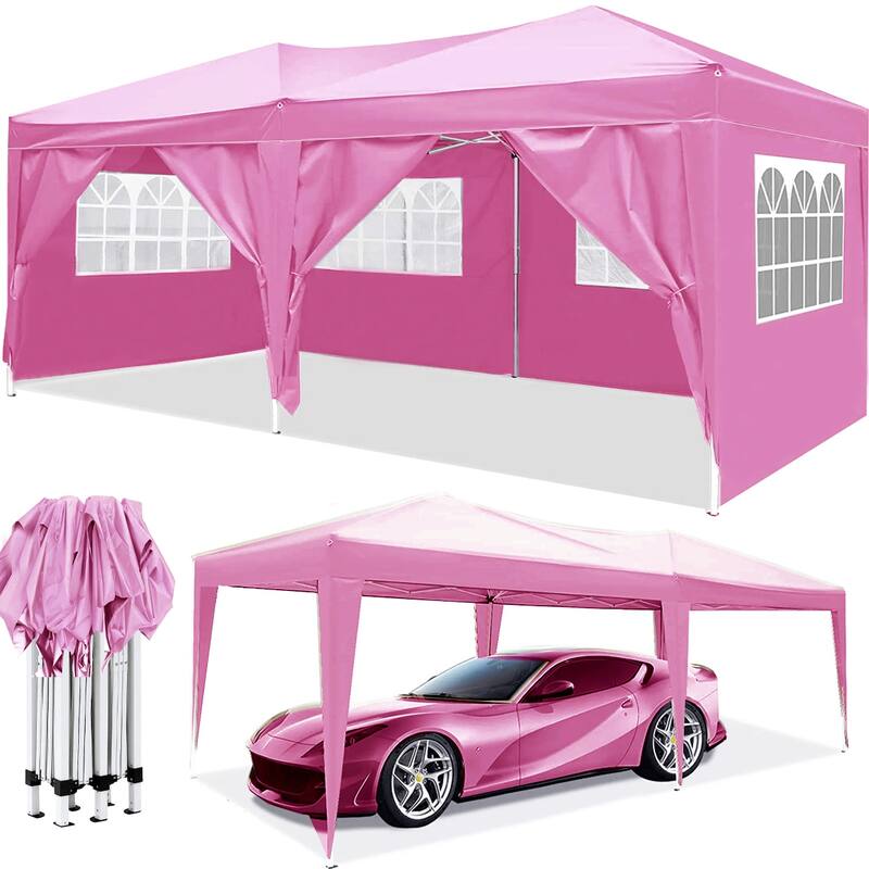 10'x20' EZ Pop Up Canopy Outdoor Portable Party Folding Tent with 6 Removable Sidewalls + Carry Bag + 4pcs Weight Bag - Pink