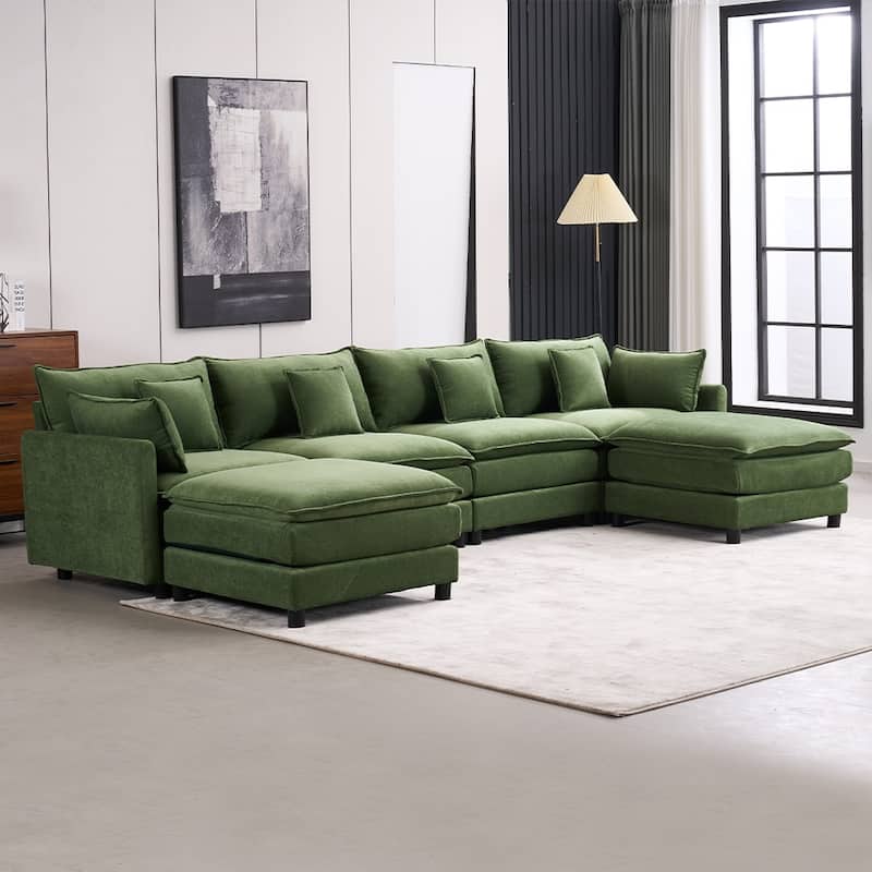 131.89" Chenille U-Shaped Sectional Sofa Bed with Sleeper & Iron Frame Support