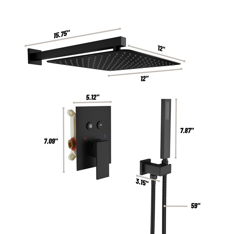 2-Spray Square 12 in. Dual Shower Head Wall Mount Fixed and Handheld Shower Head in Matte Black Valve Included - 12" x 12"