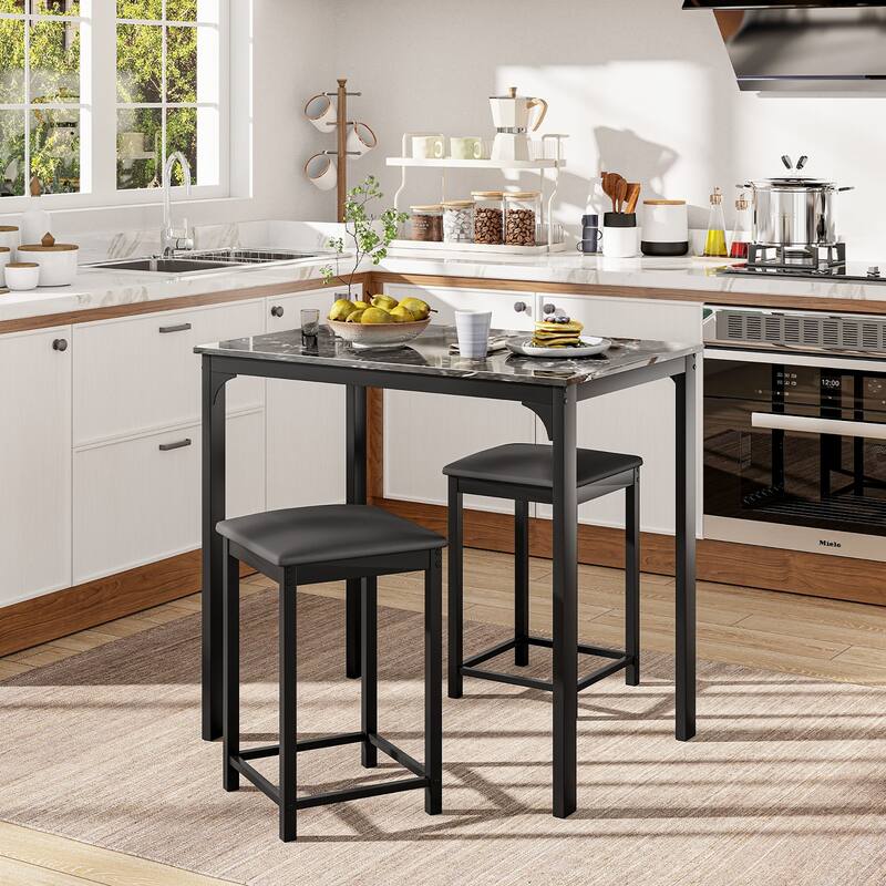 Gymax 3 PCS Counter Height Dining Set Faux Marble Table & 2 Chairs