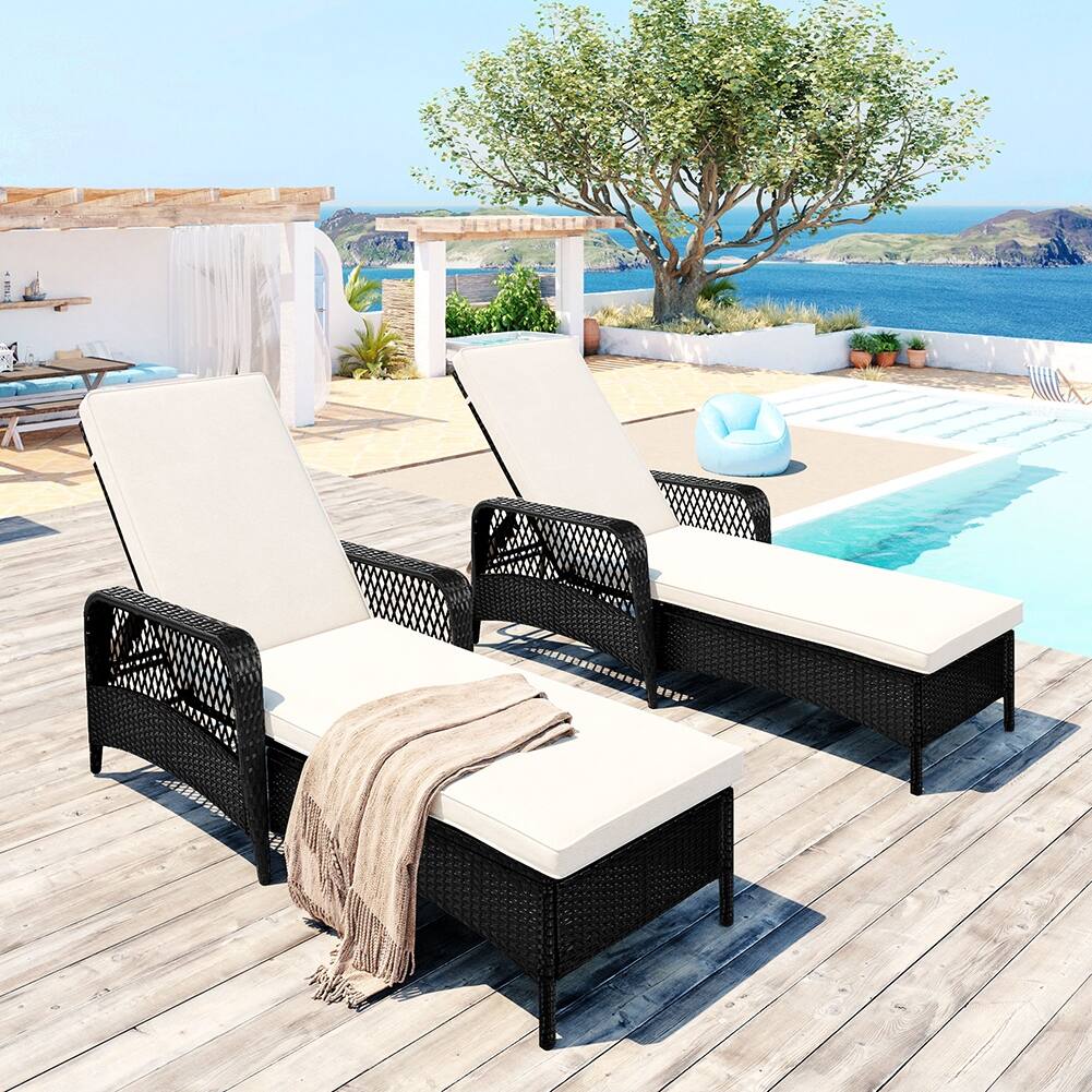 Outdoor Patio Pool PE Rattan Wicker Chair Wicker Sun Lounger 2 Sets