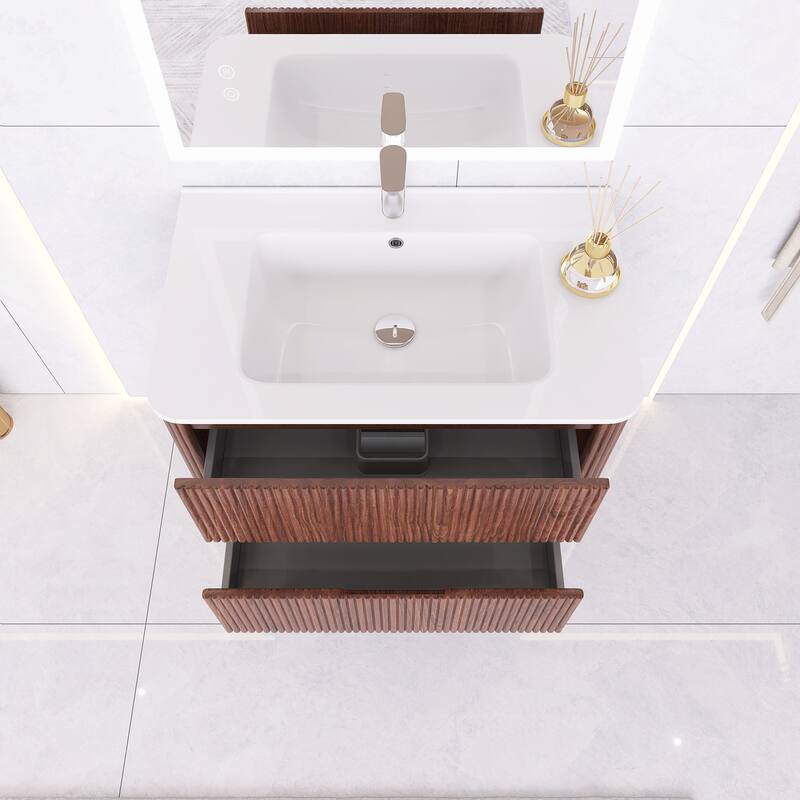Wall-Mounted Bathroom Vanity in Walnut with Integrated White Ceramic Sink