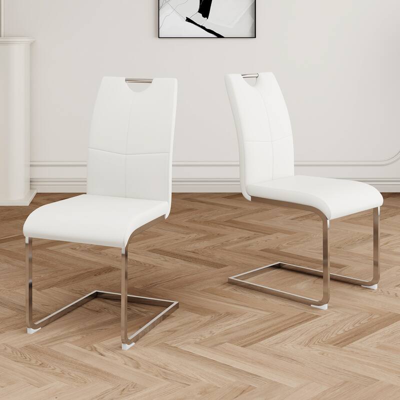 Modern Set of 2 Dining Chairs with Leather Cushioned Seat, Chrome Metal Legs, for Dining Room, Living Room, and Bedroom
