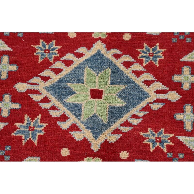 Light Blue Geometric Kazak Rug Hand-Knotted Bedroom Wool Carpet - 4'2" x 5'8"
