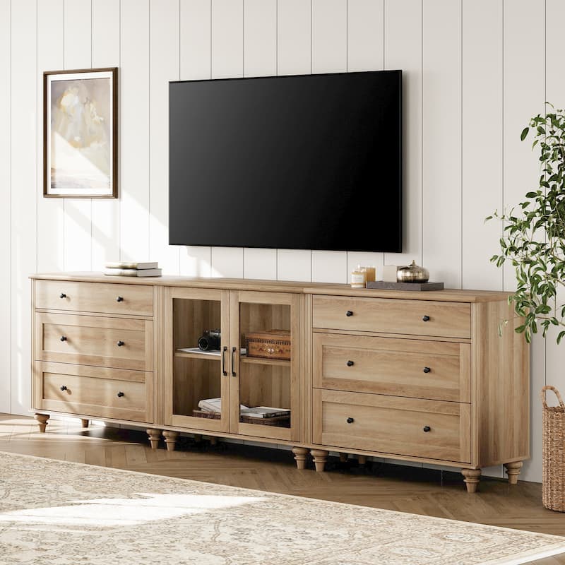 Farmhouse TV Stand with Glass Door, Oak