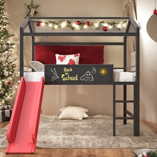 Elegant Twin Size Metal Loft House Bed With Slide & Two-sided writable Wooden Board, Solid & Sturdy, Open Design Concept, Red
