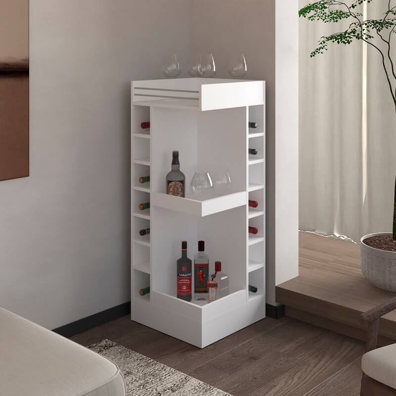 FM FURNITURE Lamer Corner Bar Cabinet with Wine Rack and Open Shelf, White
