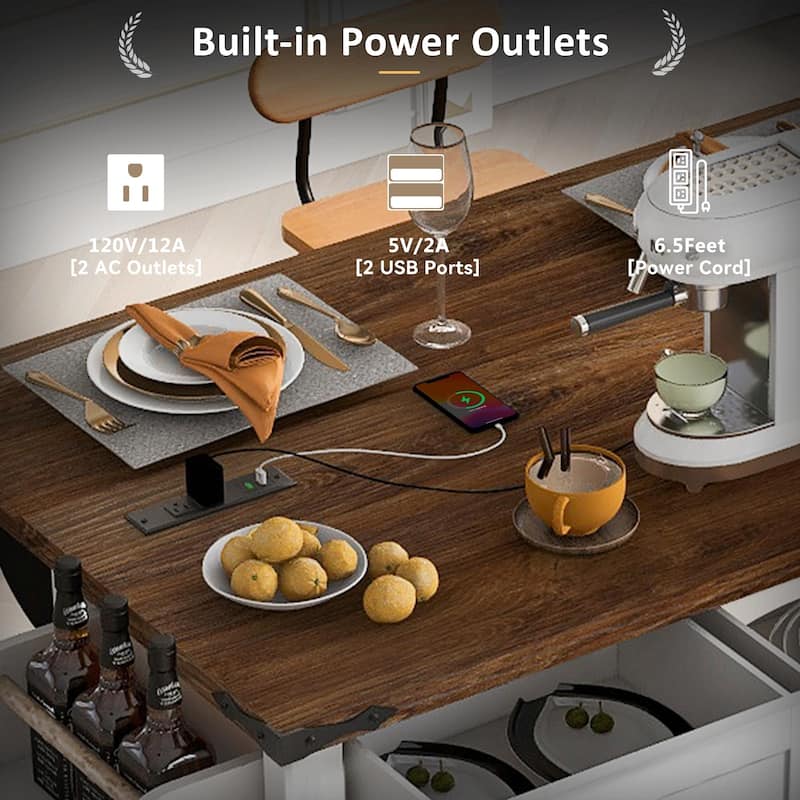 53.5'' Farmhouse Kitchen Island with Power Outlet, Drop Leaf, Spice Rack, Drawer, and Wheels