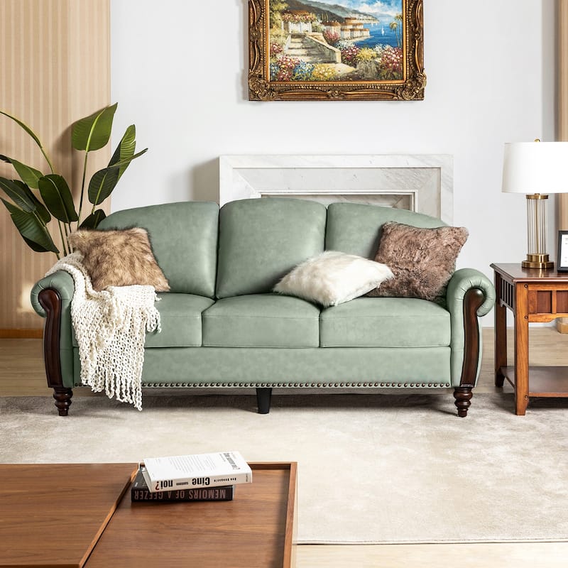 Eduard 84" Traditional Genuine Leather Sofa with Carved Wood Legs by HULALA HOME