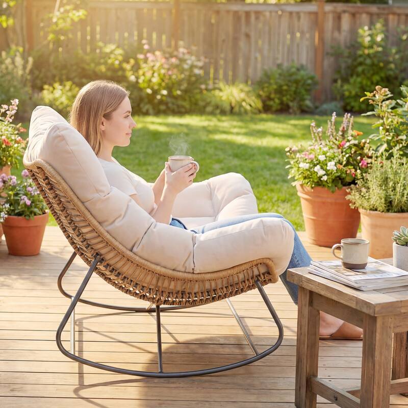 Outsunny Double Papasan Rocking Chair, Wicker Oversized Indoor Outdoor Rocking Chair with Cushion