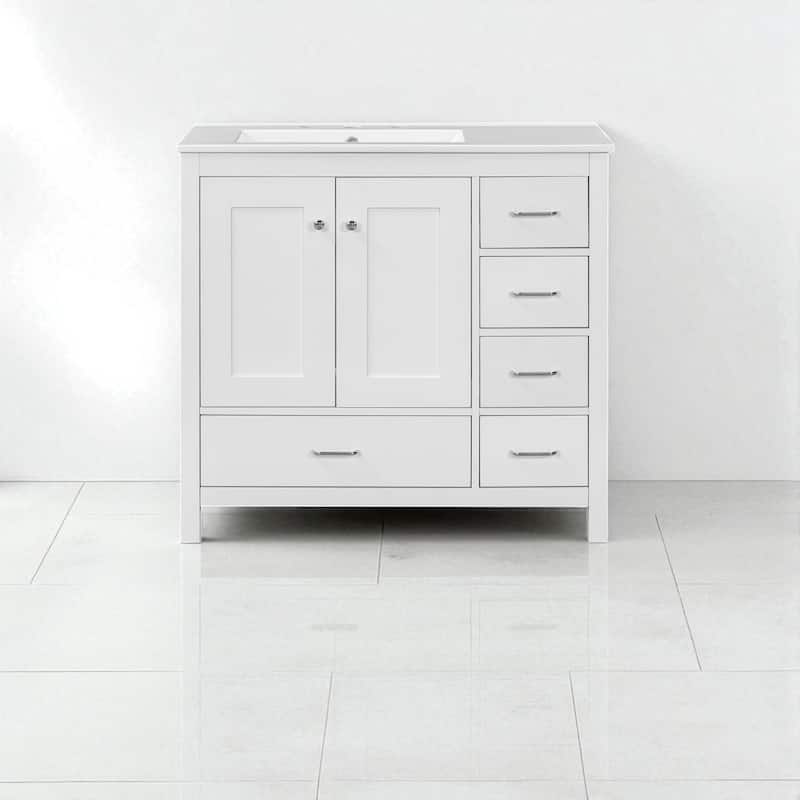 36" Bathroom Vanity with Ceramic Sink Solid Wood Base Soft Close Doors and 5 Storage Drawers