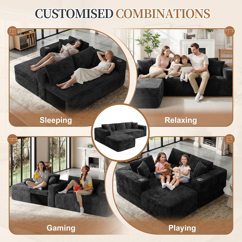 102'' No-Assembly Modular Corduroy Sofa with Cup Holder, Free Combination
