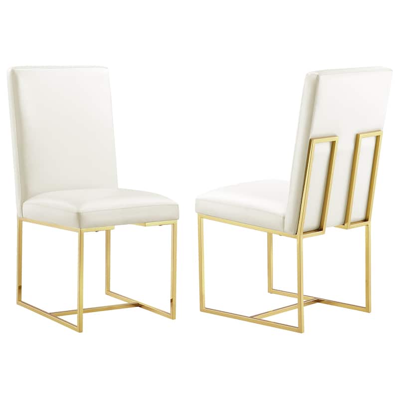 Leather Upholstered dining Chairs with Metal Polished Legs - White/Gold