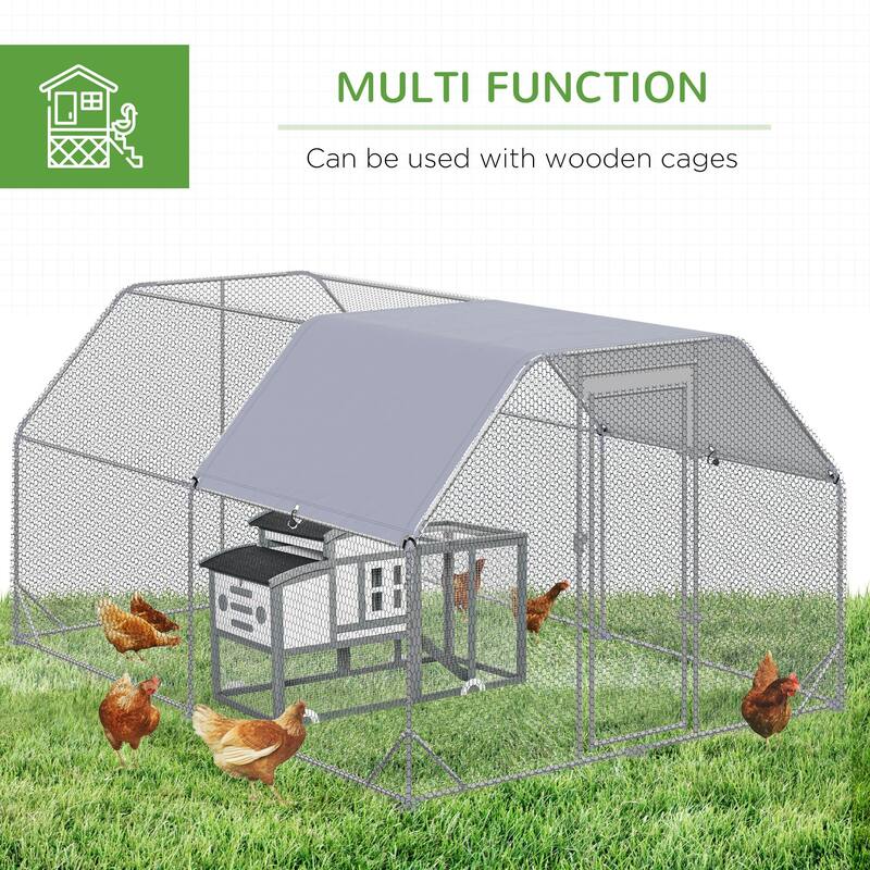 PawHut Large Chicken Coop Metal Chicken Run with Waterproof and Anti-UV Cover, Flat Shaped Walk in Fence Cage Hen House