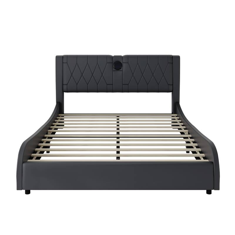Faux Leather Upholstered Platform Bed with Thickened Headboard, RGB LED Bed Frame with Bluetooth Speakers, Wood Slats Support